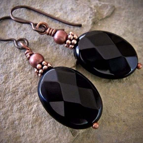Black Onyx And Copper Earrings, Hypoallergenic Niobium Earwires, French Hooks - Picture 2 of 7